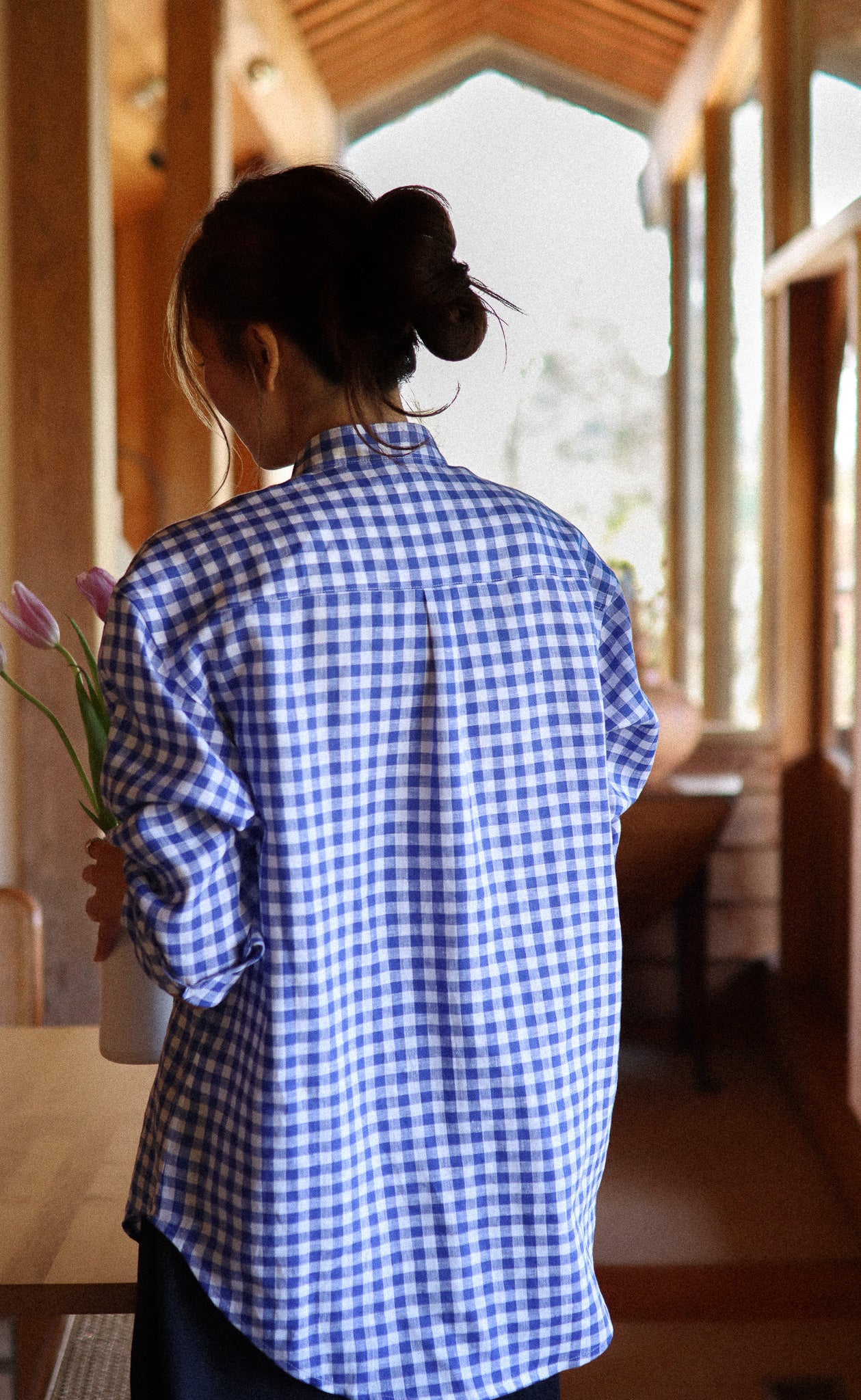 The Friend - Wayward Fit Tunic - Blueberry & White Check 100% Linen