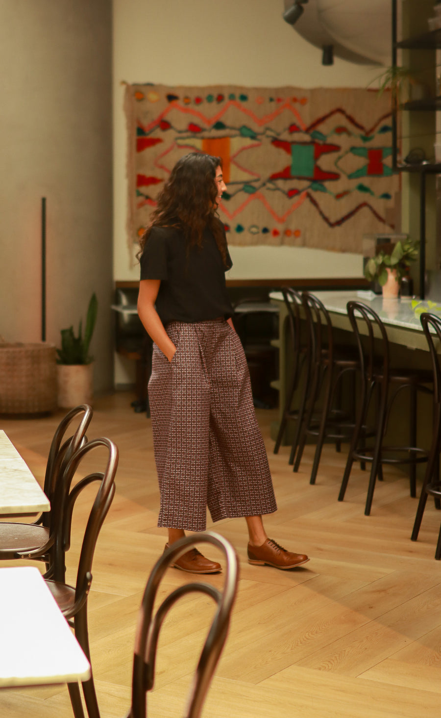 The Minimalist - Cropped Loose Pants - Aubergine + Grey Jacquard