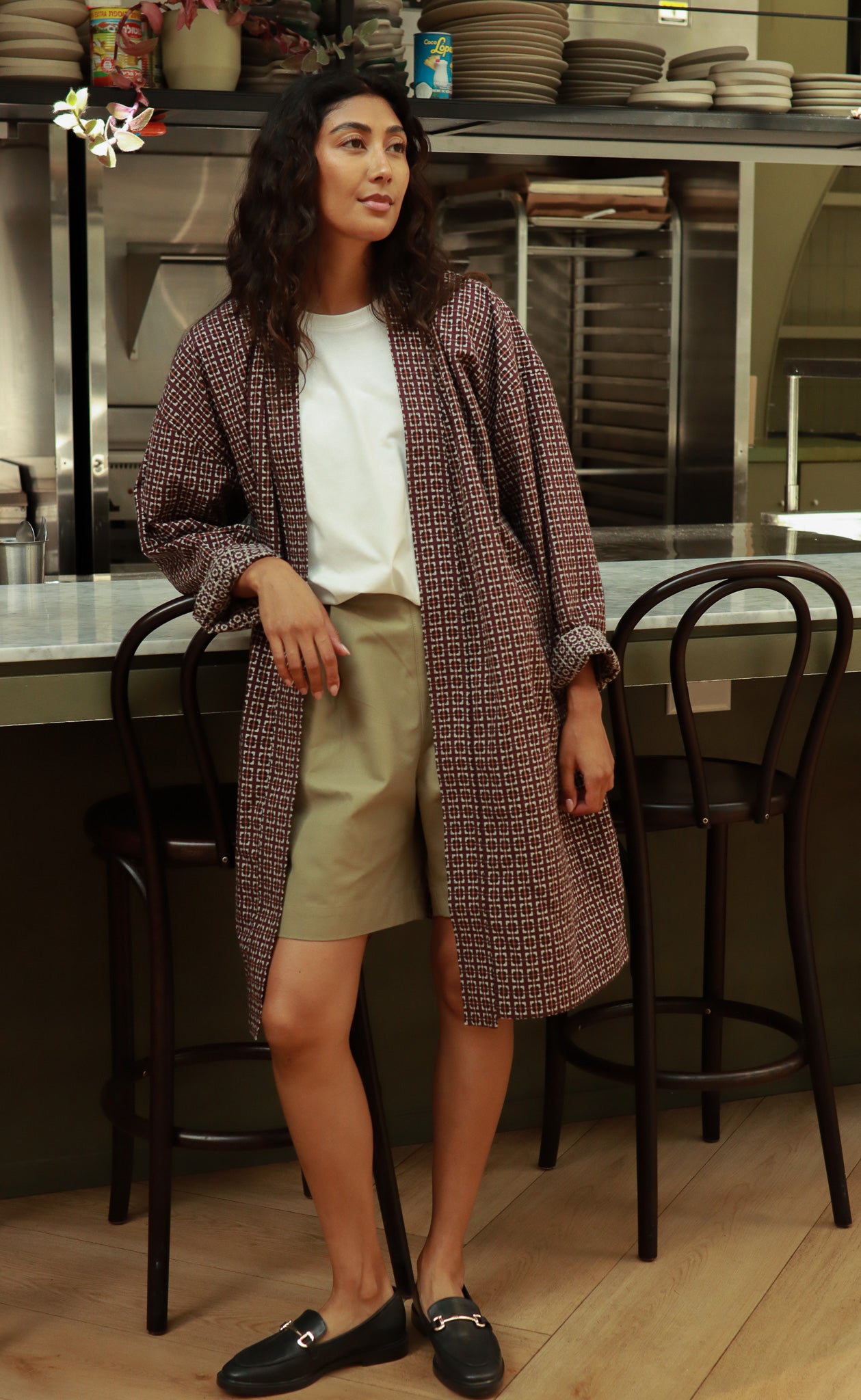 The Collector - Long Sleeve Duster Coat - Aubergine + Grey Jacquard