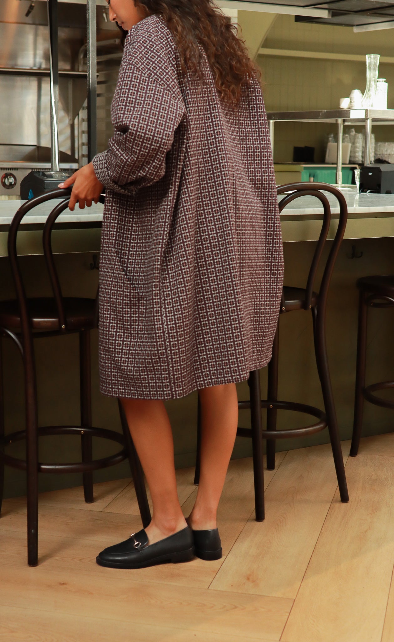 The Collector - Long Sleeve Duster Coat - Aubergine + Grey Jacquard