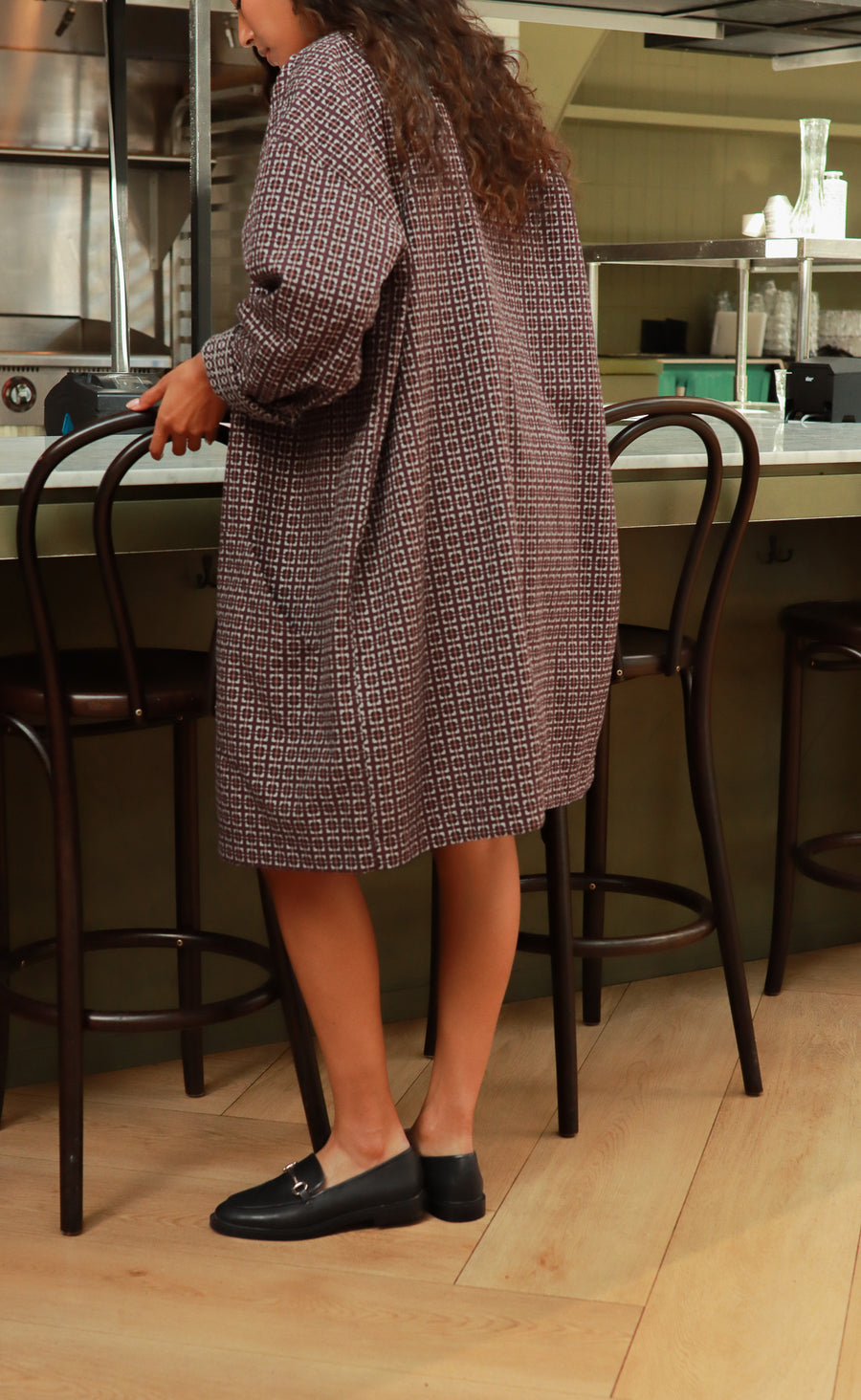 The Collector - Long Sleeve Duster Coat - Aubergine + Grey Jacquard