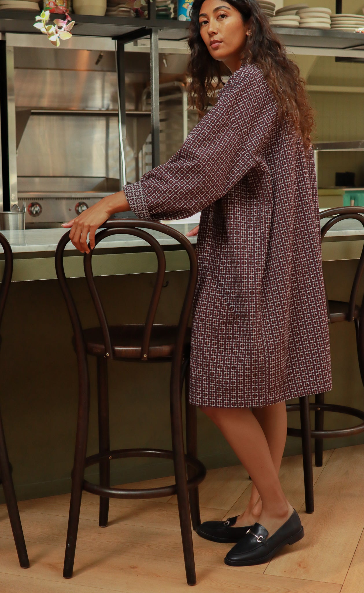 The Collector - Long Sleeve Duster Coat - Aubergine + Grey Jacquard