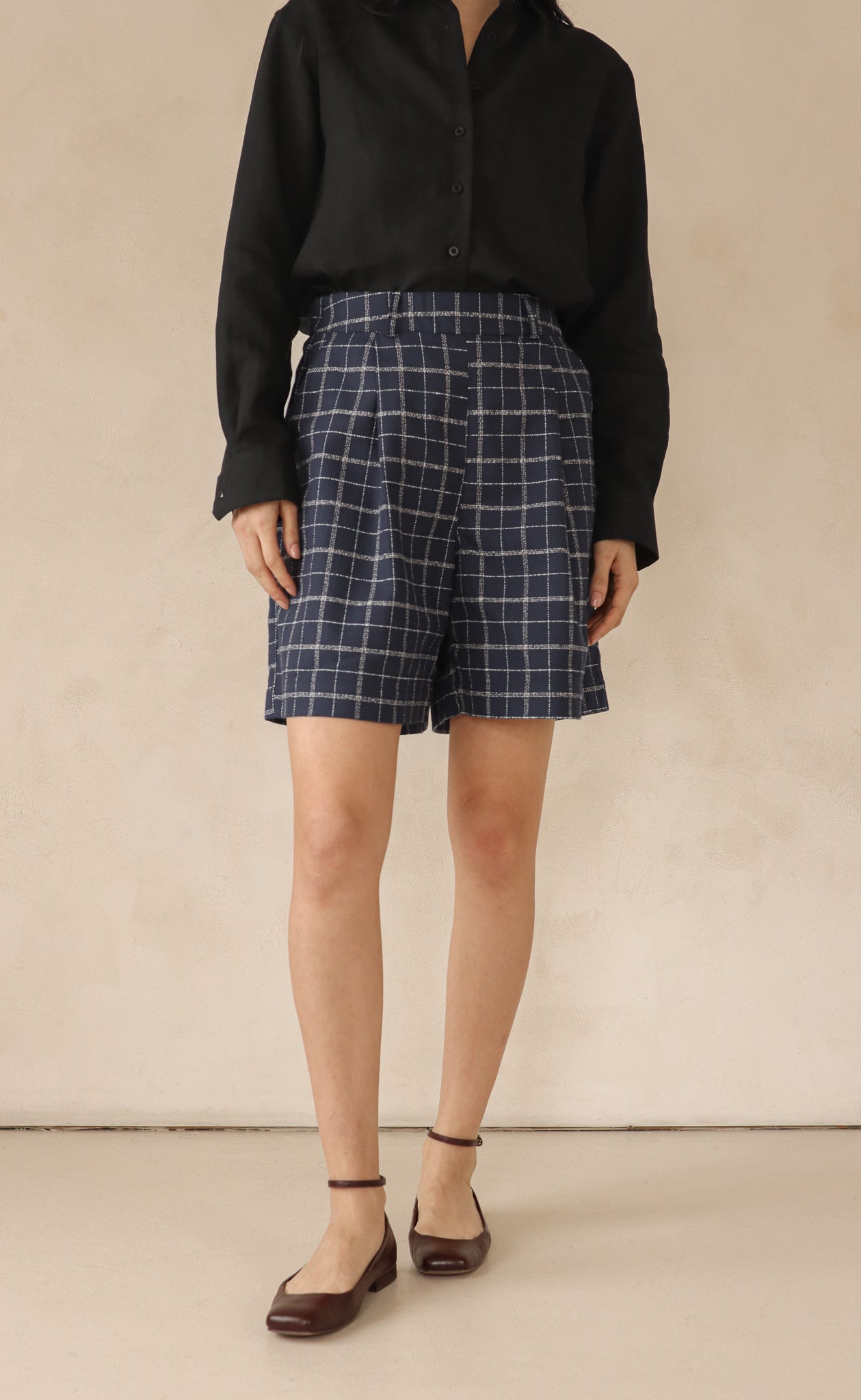 The Wanderer - High Waisted Shorts - Navy & Cream Plaid