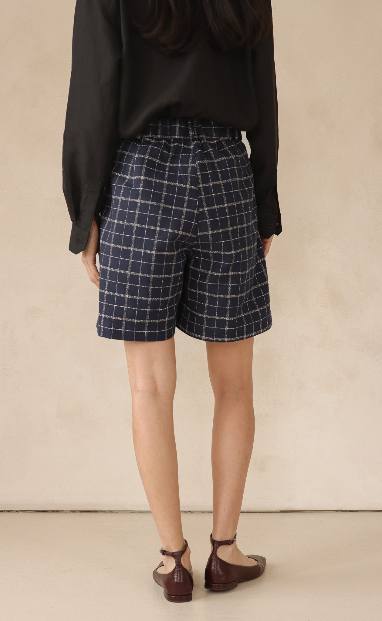 The Wanderer - High Waisted Shorts - Navy & Cream Plaid