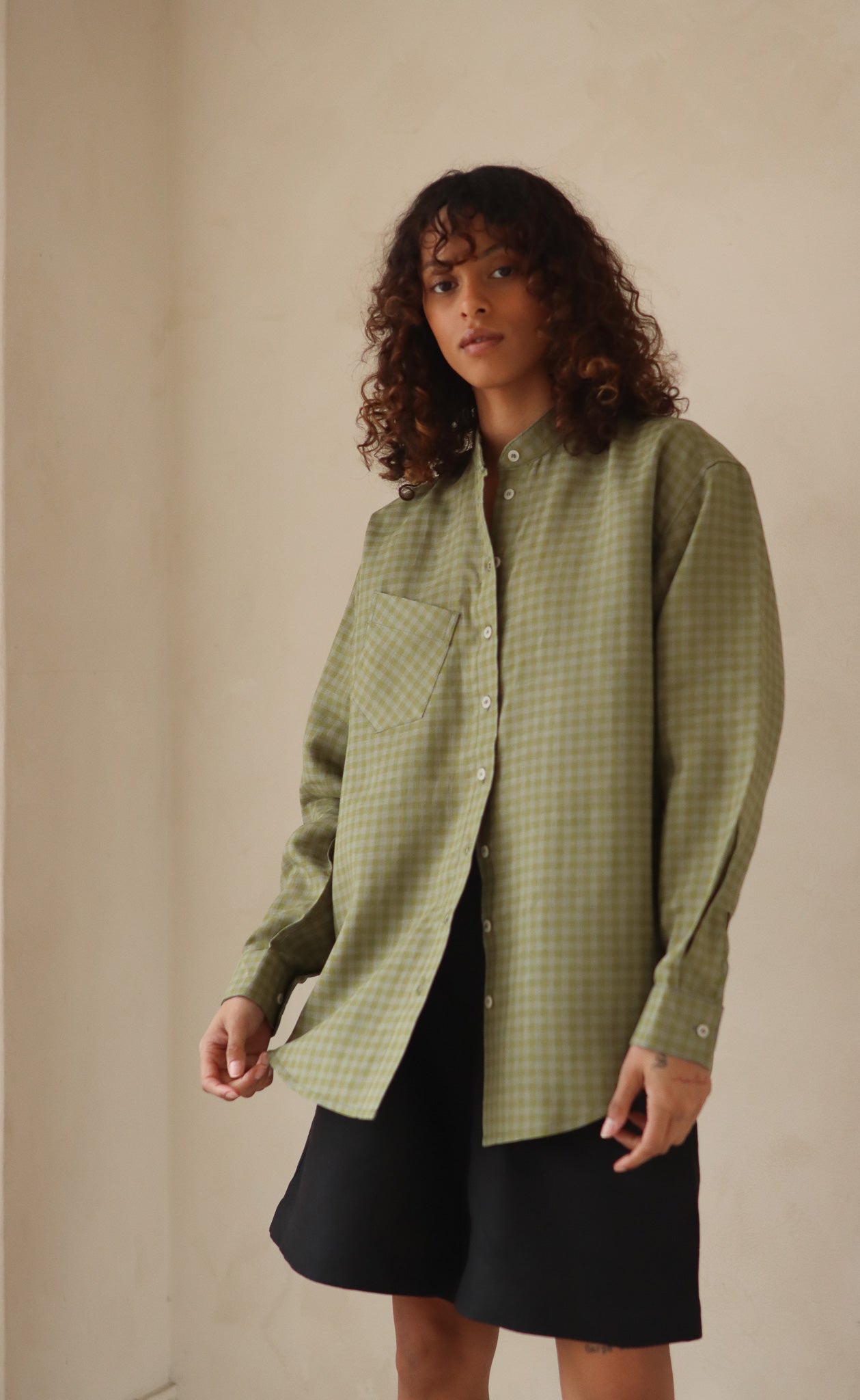 The Friend  - Wayward Fit Tunic - Willow & Grey Check 100% Linen