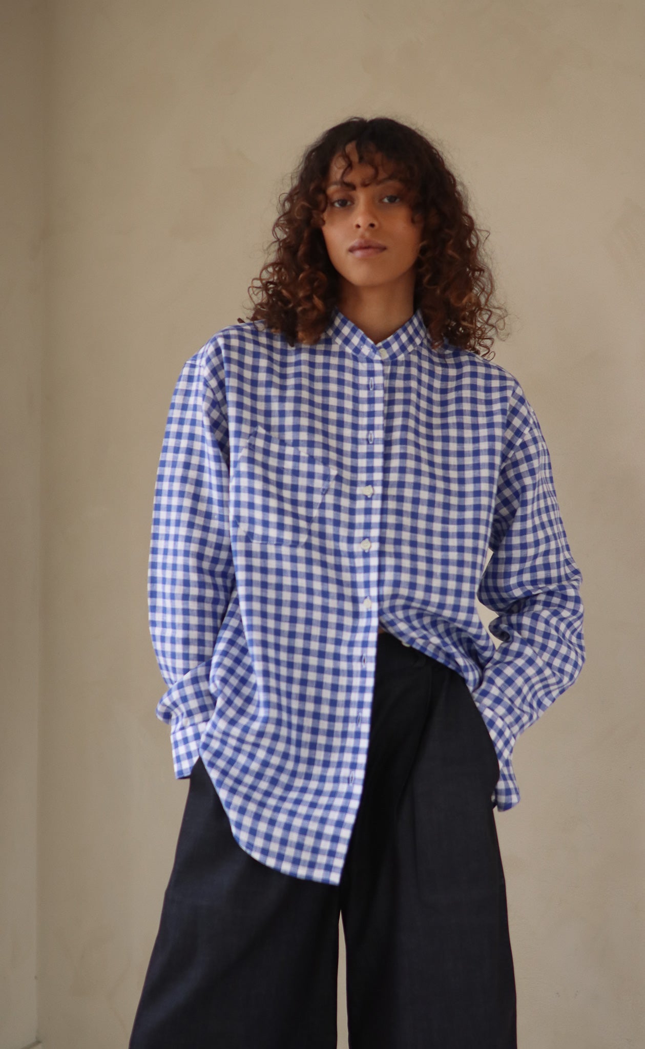 The Friend - Wayward Fit Tunic - Blueberry & White Check 100% Linen