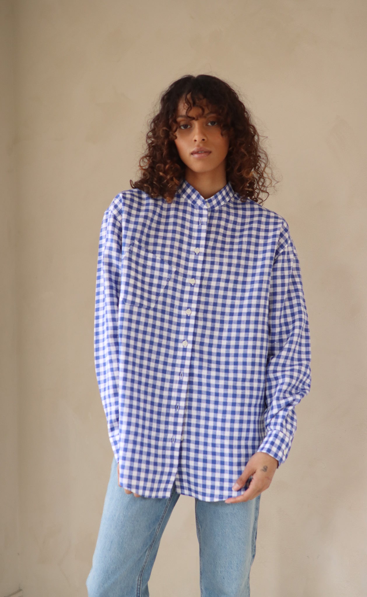 The Friend - Wayward Fit Tunic - Blueberry & White Check 100% Linen