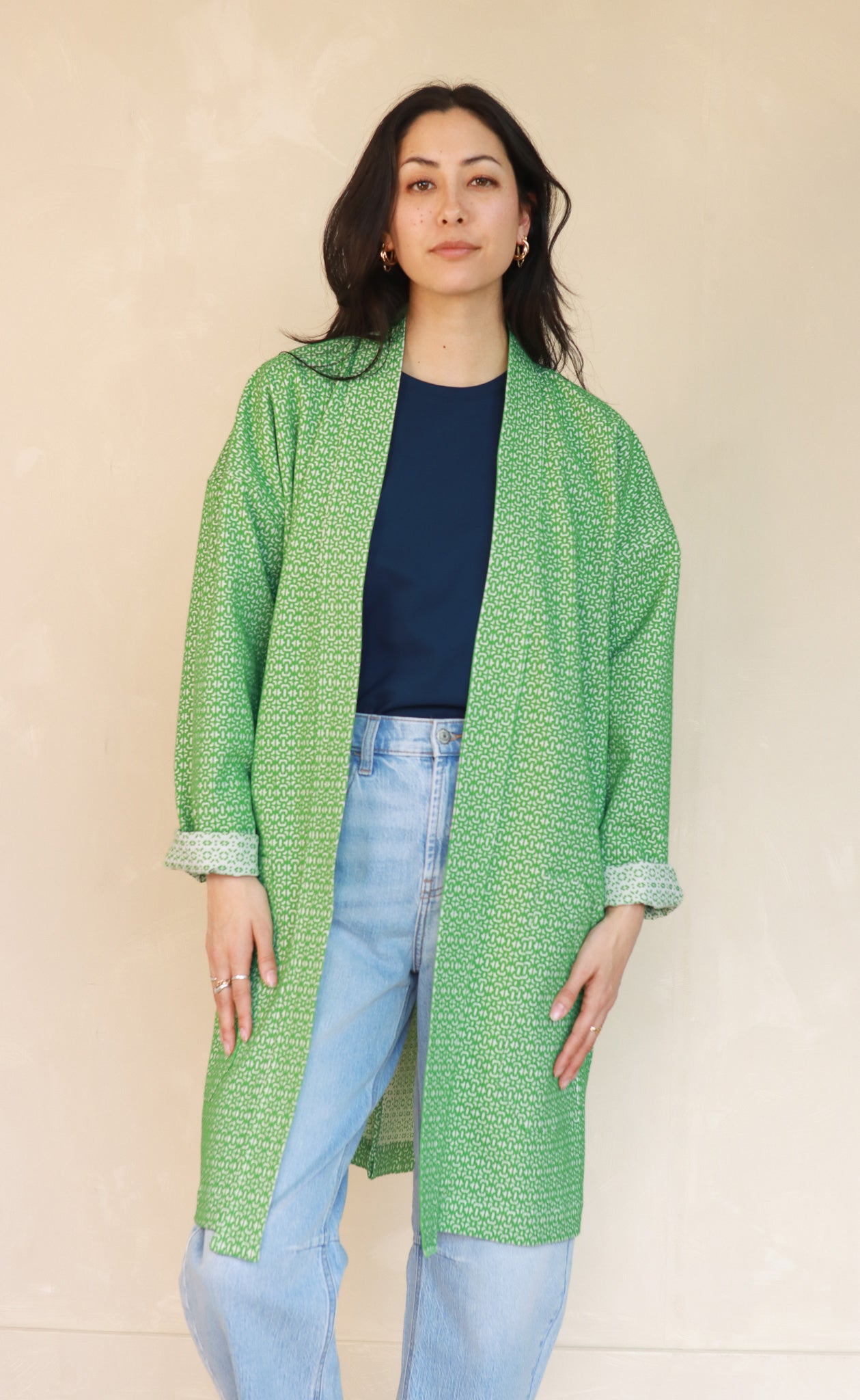 The Afternoonist - Long Sleeve Duster Coat - Green + White Jacquard