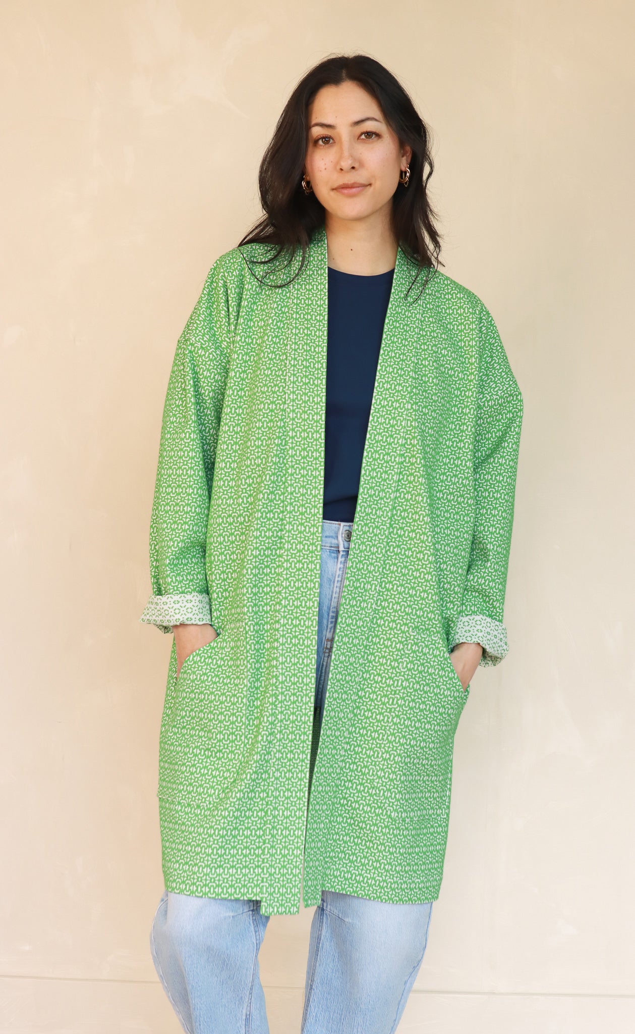 The Afternoonist - Long Sleeve Duster Coat - Green + White Jacquard