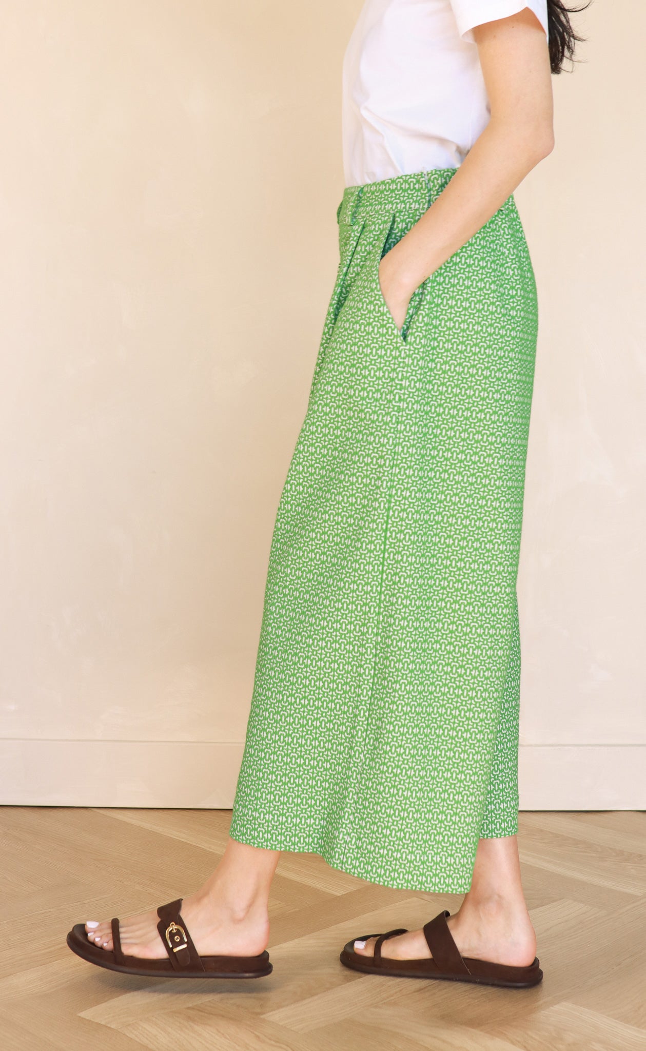 The Minimalist - Cropped Loose Pants -  Green + White Jacquard