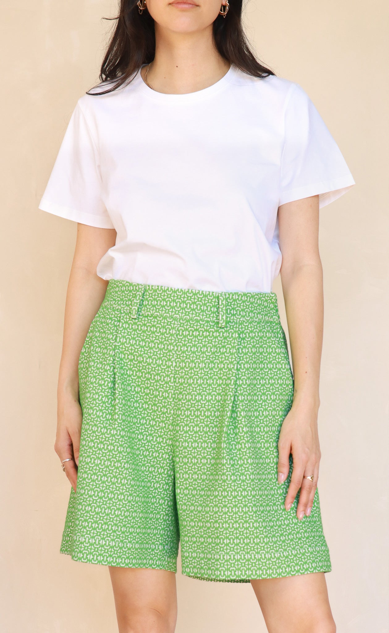 The Wanderer - High Waisted Shorts - Green + White Jacquard