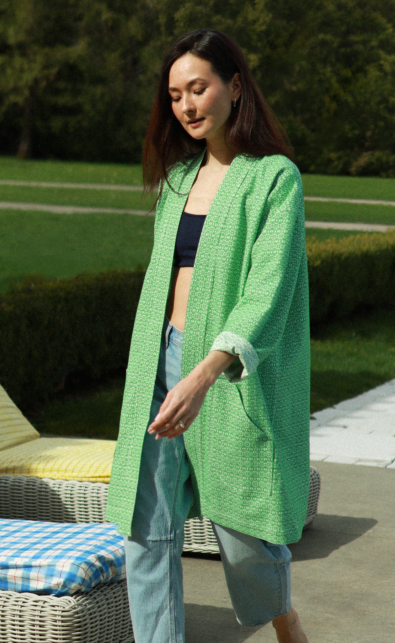 The Afternoonist - Long Sleeve Duster Coat - Green + White Jacquard