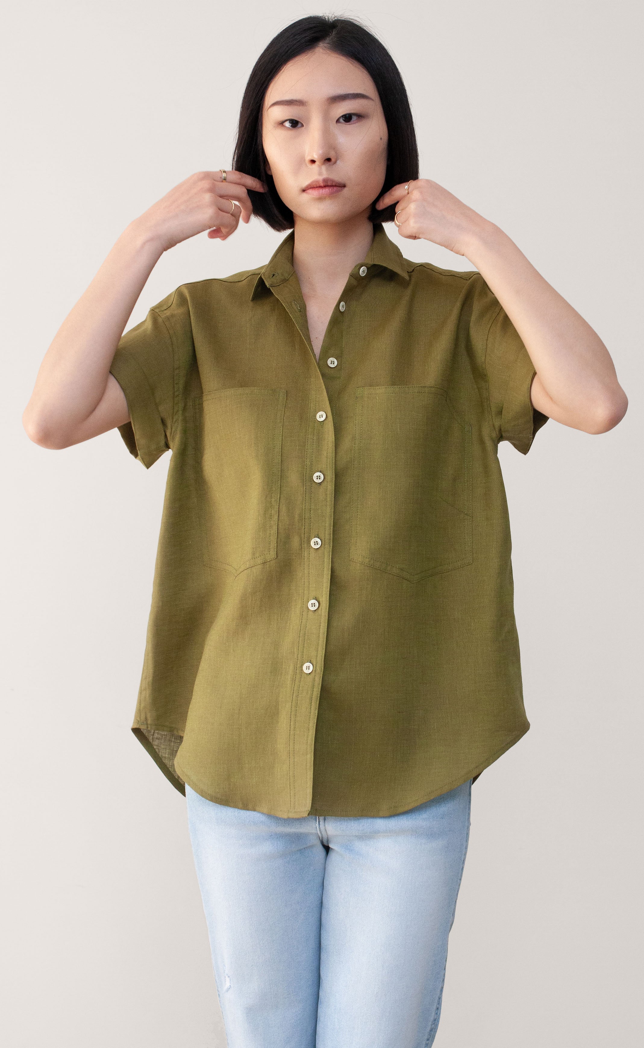 The Femme - Women's Short Sleeve Sunset Orange Linen Button-Up